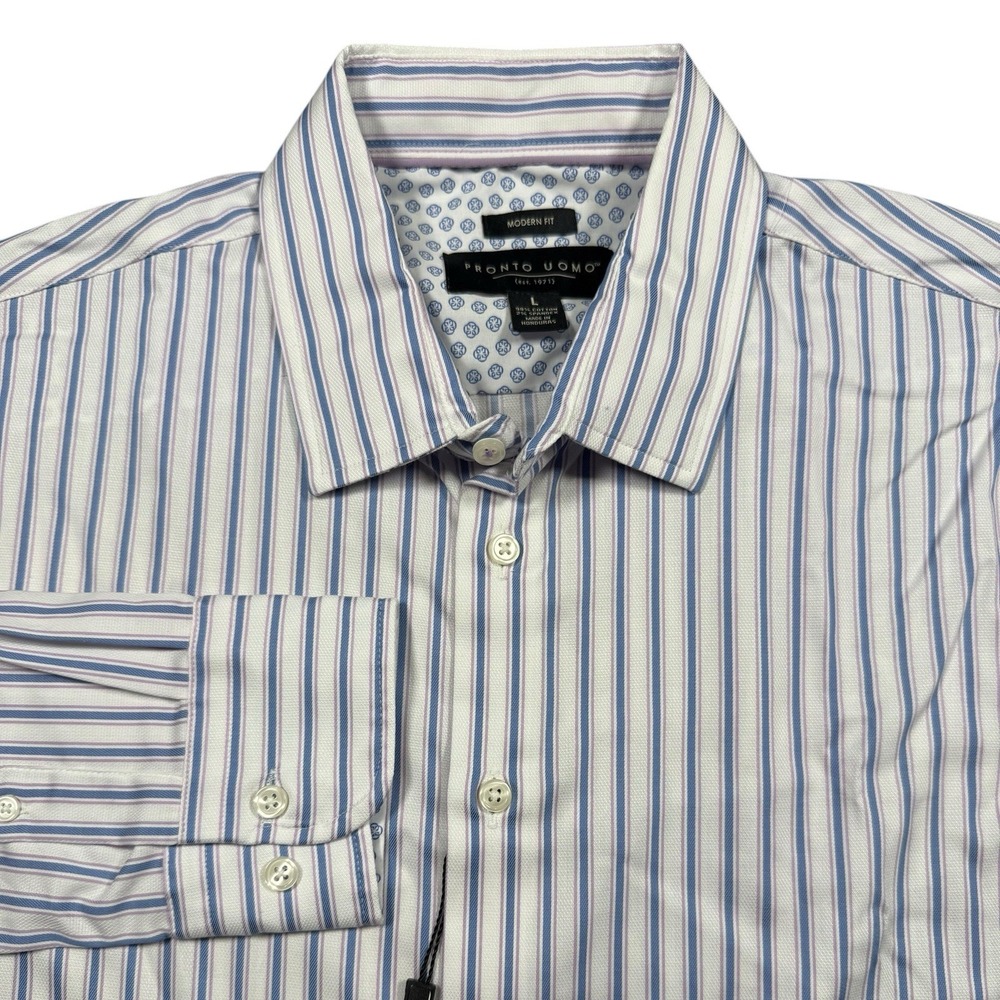 Pronto Uomo L/S Shirt Button Down Large Modern Fit Stripe White Purple Blue